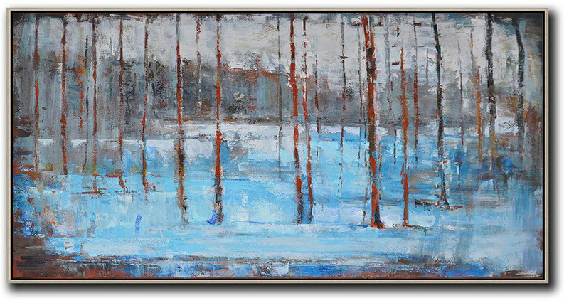 Panoramic Abstract Landscape Painting,Large Abstract Art Handmade Acrylic Painting White,Grey,Red,Blue